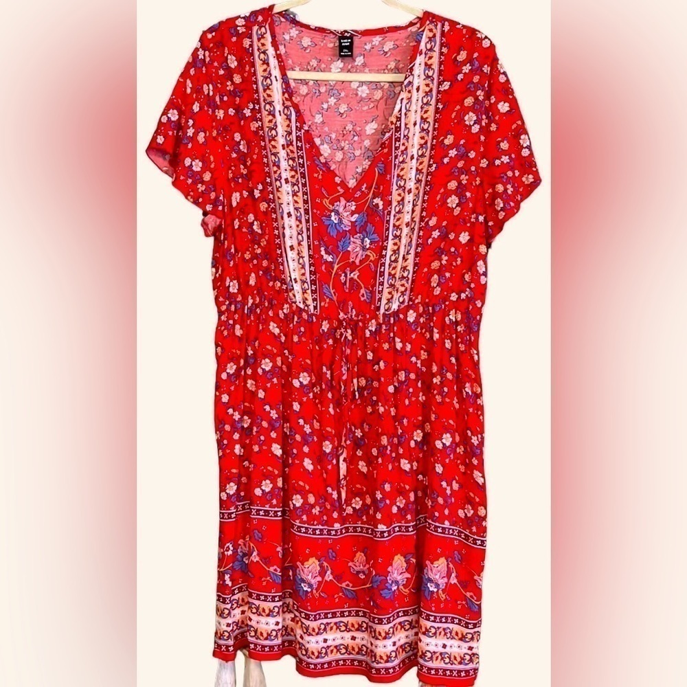 S H E I N  Red/Blue/Cream/White Floral Design Dress w/Gathered Waist,XXL, EUC.